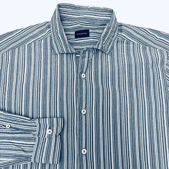 Ermenegildo Zegna Shirt Mens Large Blue Seersucker Button Up - Picture 1 of 9